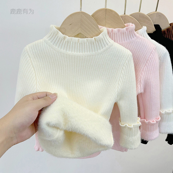 女童毛衣加绒儿童一体绒内搭2025年秋冬新款宝宝洋气半高领打底衫
