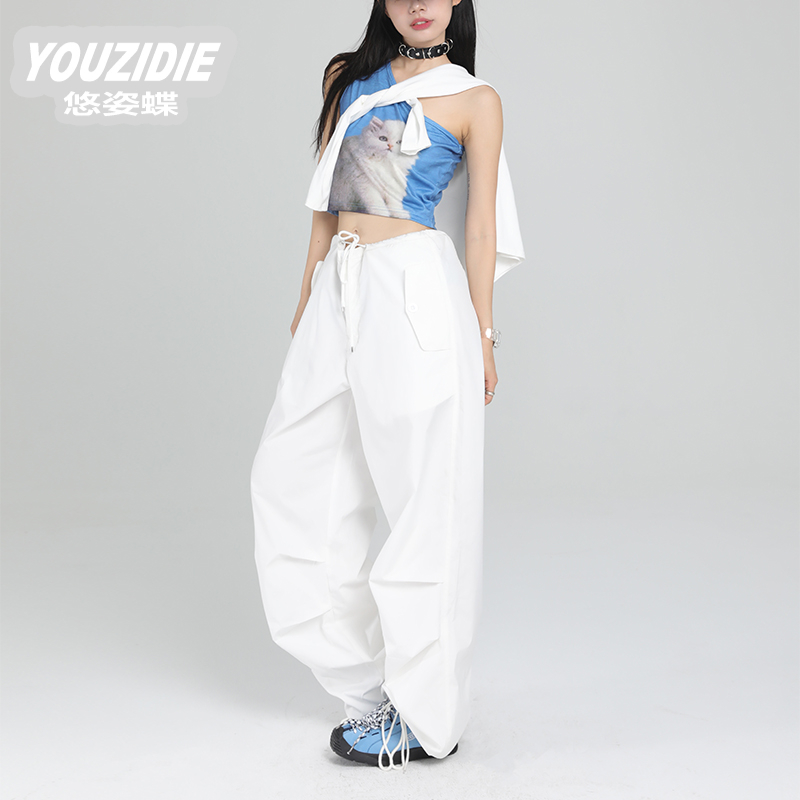 悠姿蝶拼接长裤直筒时尚白色美式工装裤子女高腰2024瘦抽干宽松阔