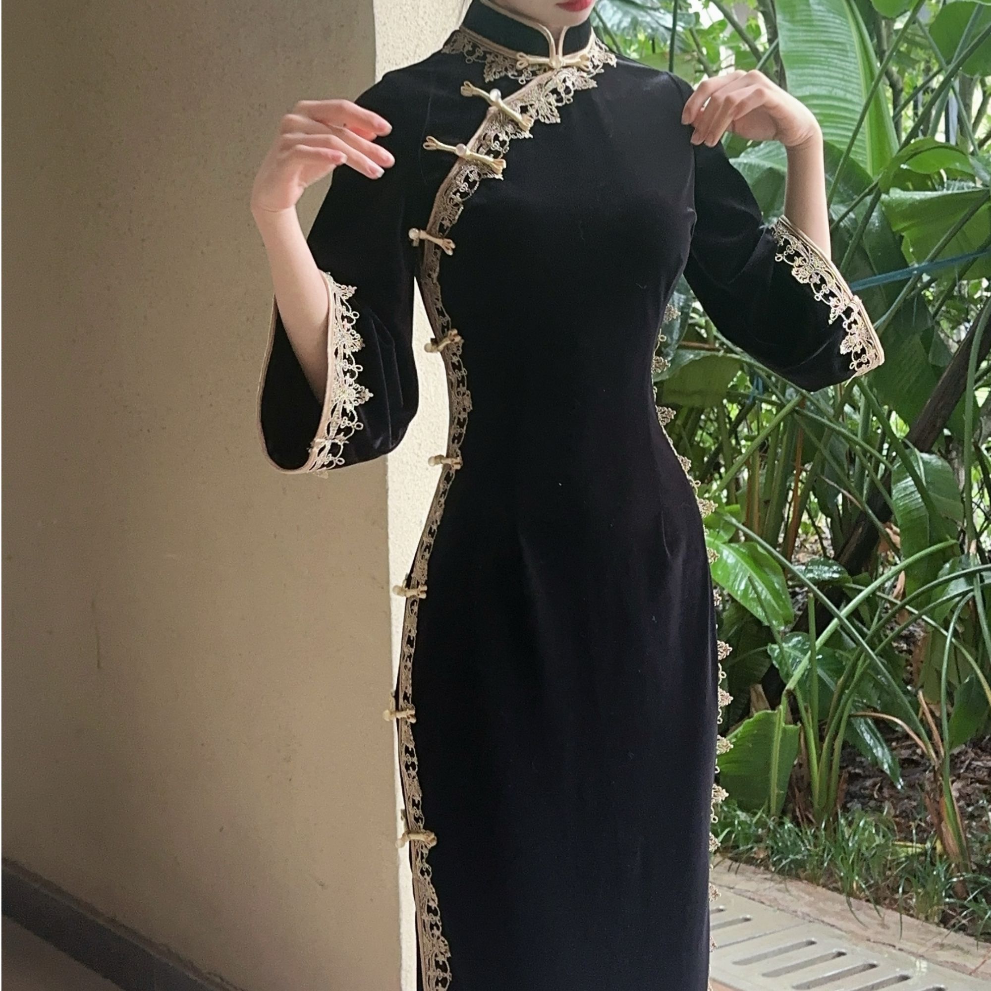 秋辞香~黑美人 拼接蕾丝长款优雅国风新中式旗袍连衣裙