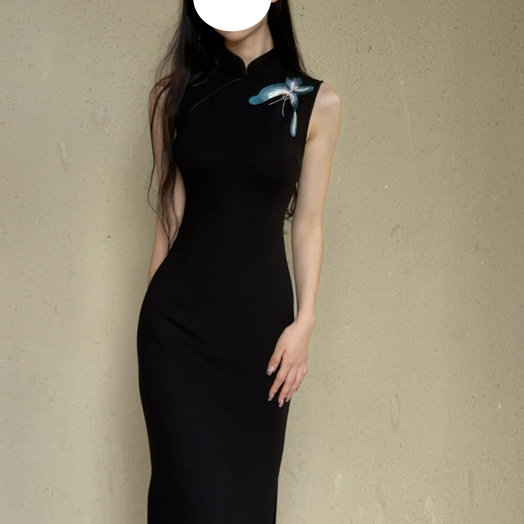 秋辞香~蓝丝蝴蝶 弹力修身改良旗袍女人味黑色无袖气质风情万种