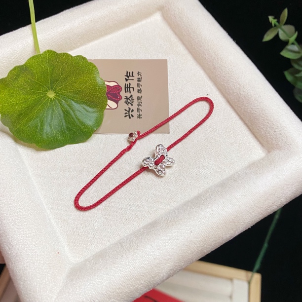 925银布艺脚链 （蝶恋花）极细蜡线八股小红绳实心蝴蝶红绳脚链