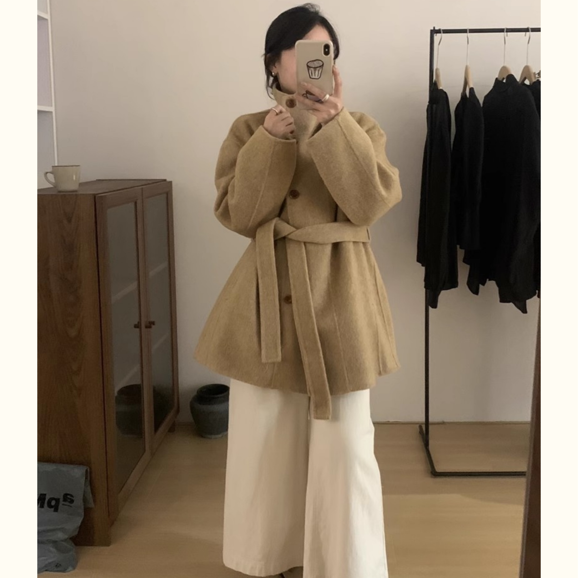 秋冬立领系带短款双面羊毛大衣女韩系高领宽松显瘦毛呢外套上衣女