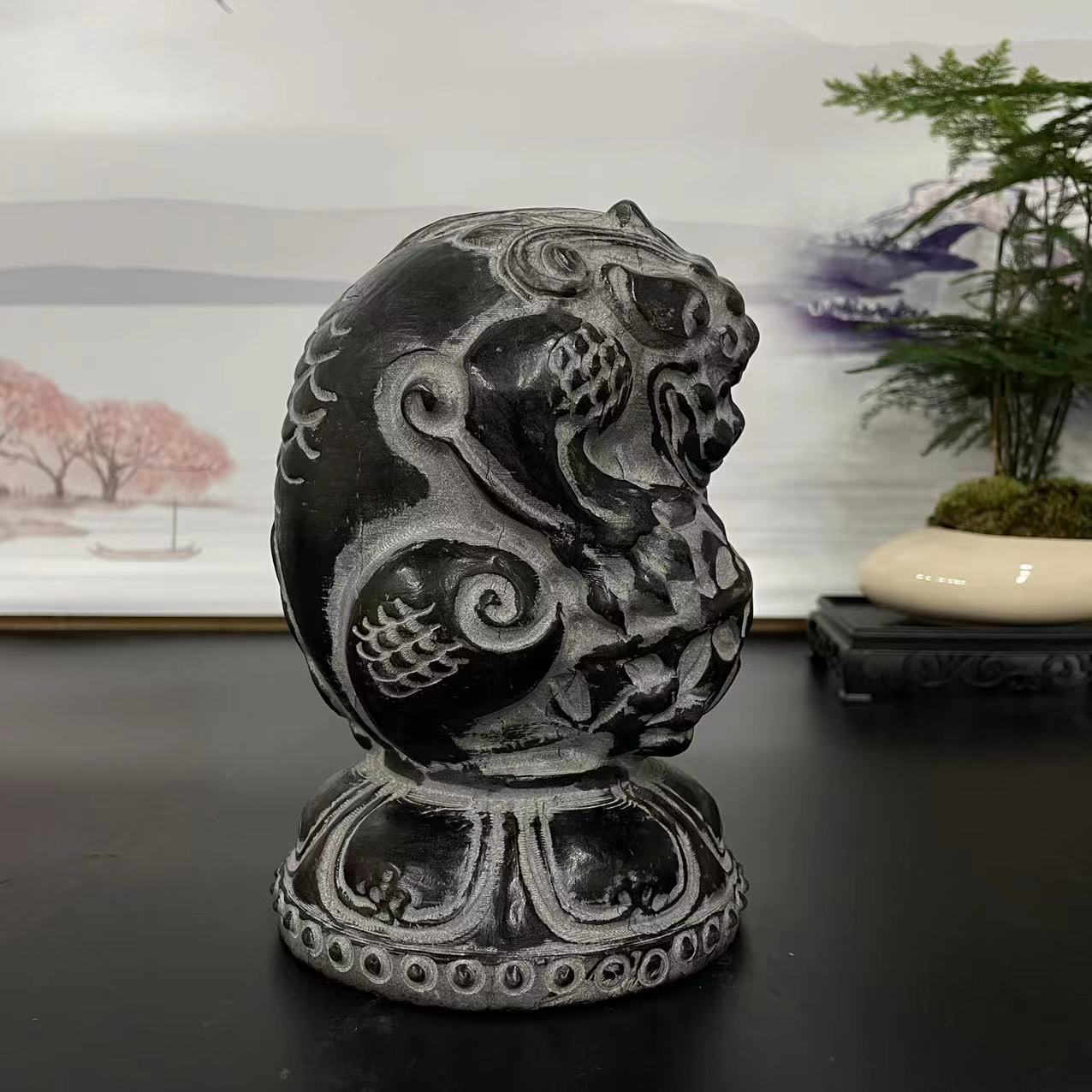 山西青石高18cm貔貅抱球茶室办公室客厅桌面装饰家居摆件