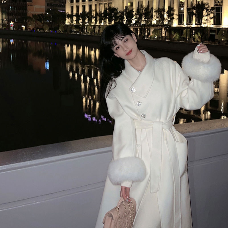 2023年冬季新款系带中长款通勤毛呢气质外套赫本法式高级感大衣