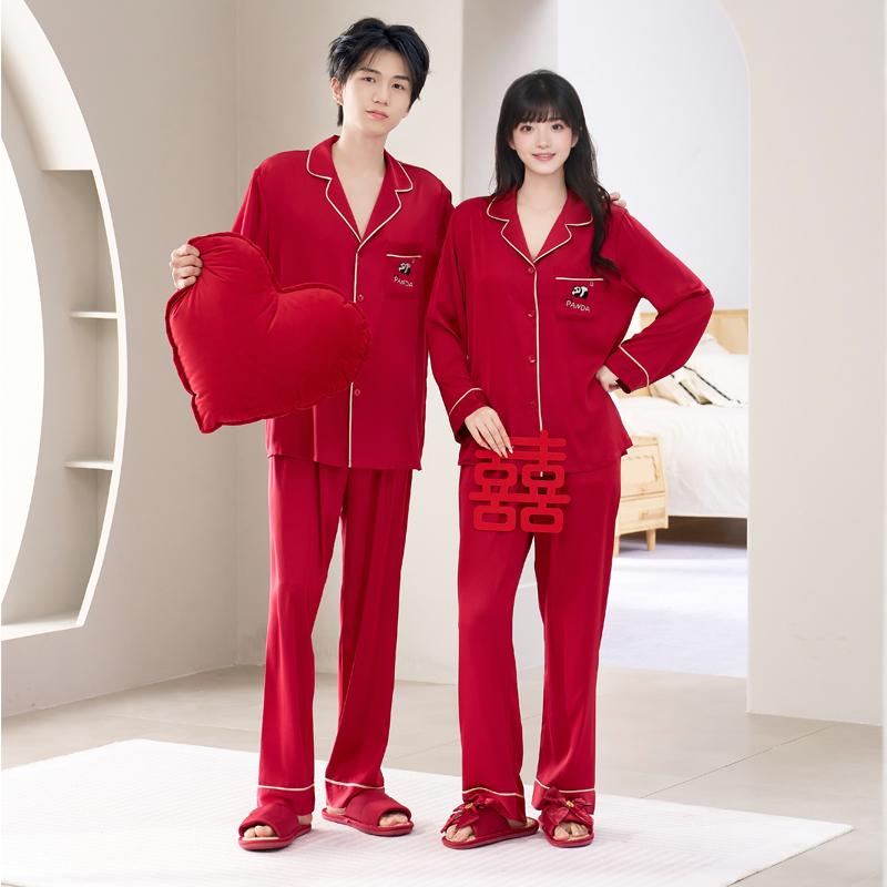 情侣红色睡衣男女士冰丝结婚刺绣开衫长袖传球家居服套装薄款高定