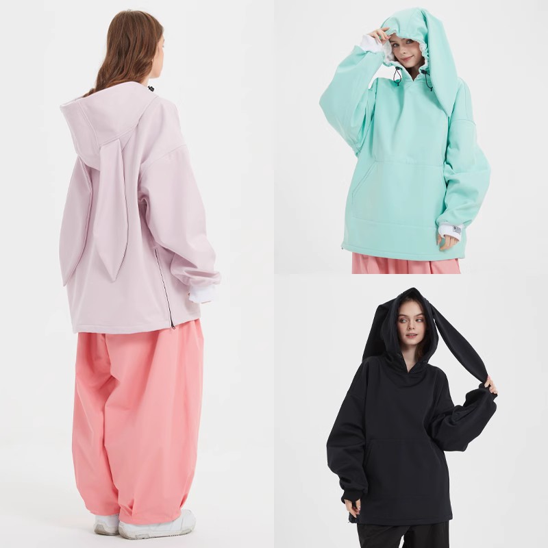 DOOREK新款滑雪服可爱兔耳连帽滑雪卫衣男女防风防水加绒保暖宽松