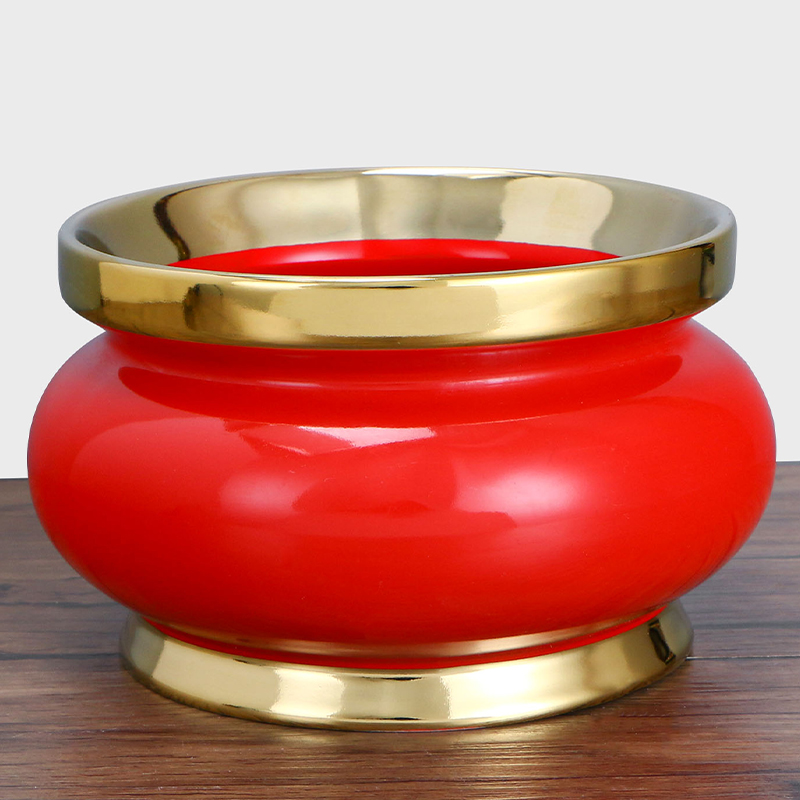 陶瓷炉素面莲花中国红瓷炉家用高档唐彩钱袋炉黄炉摆件