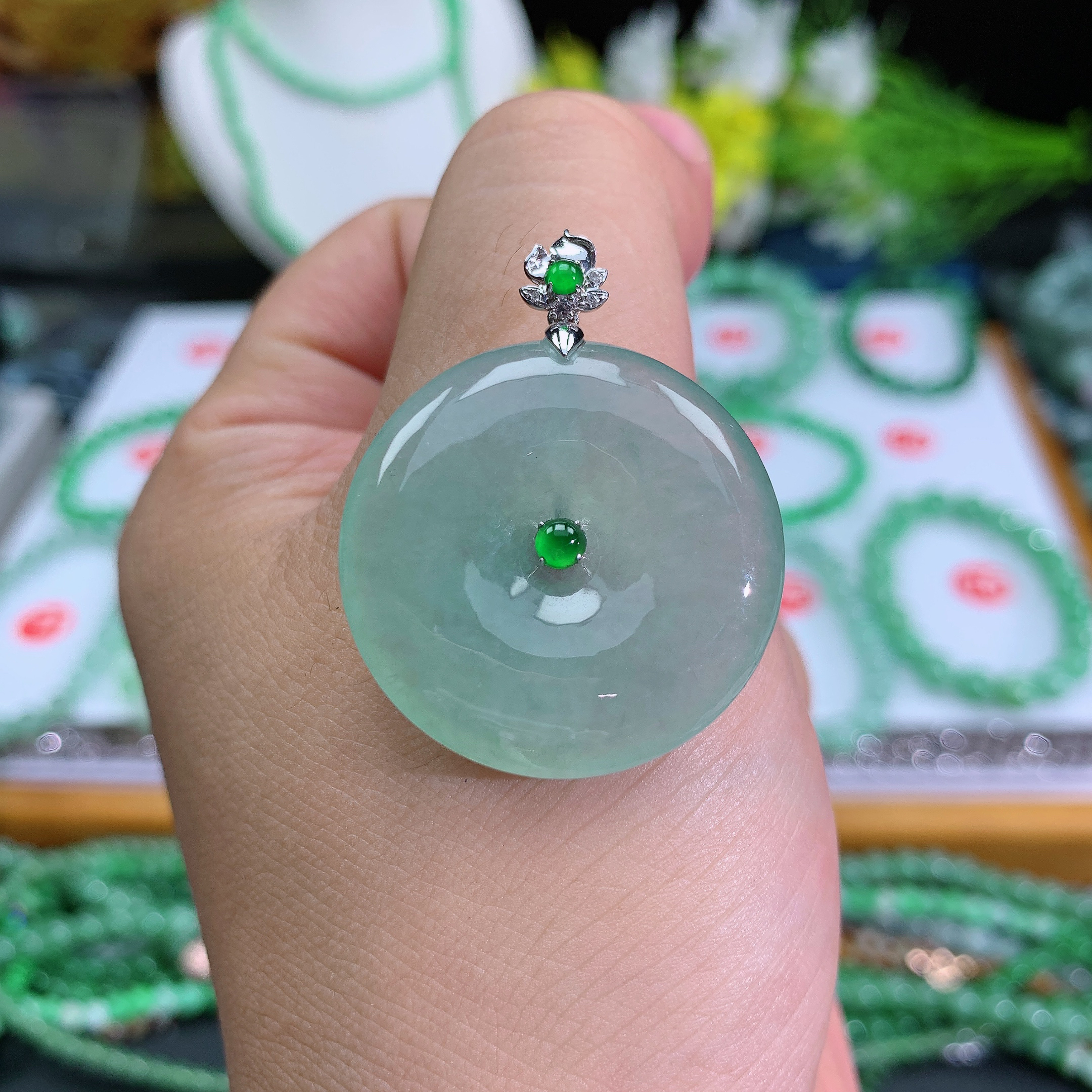 缅甸天然翡翠A货冰种晴水平安扣阁尺寸：玉石妈妈精美精致百搭水润