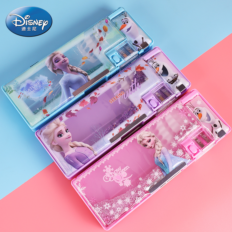 迪士尼冰雪奇缘爱莎公主流沙笔盒小学生可爱女儿童卡通双层铅笔盒
