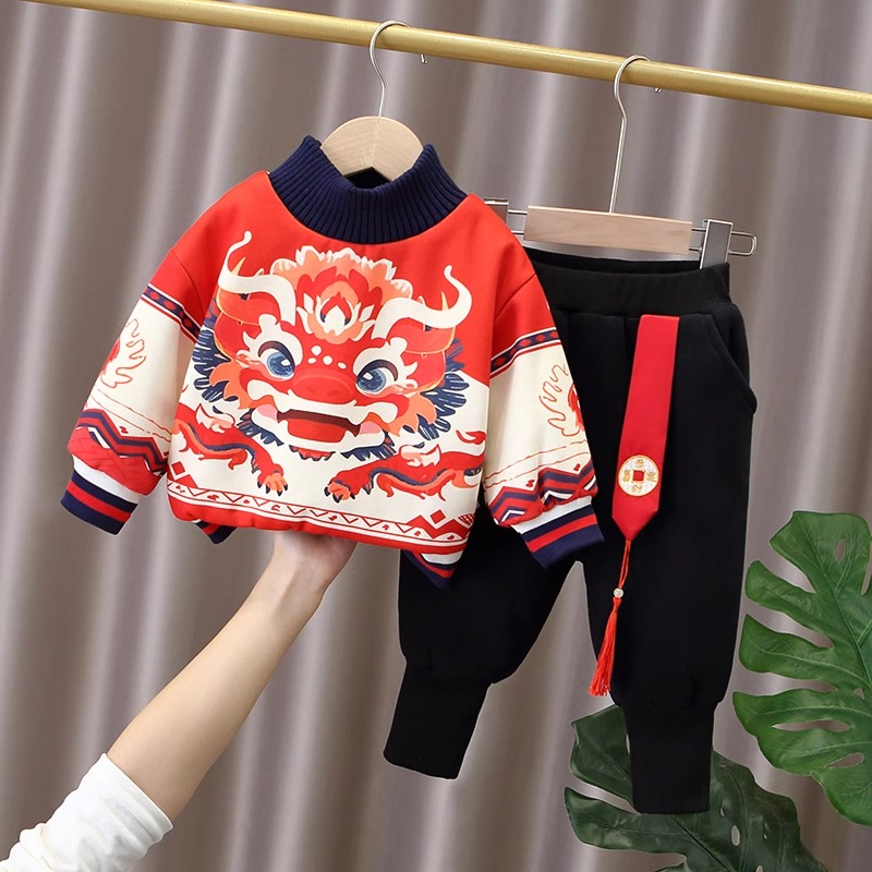 NY男童唐装冬装中小童拜年服周岁礼服加绒卫衣套装中国风新年衣服