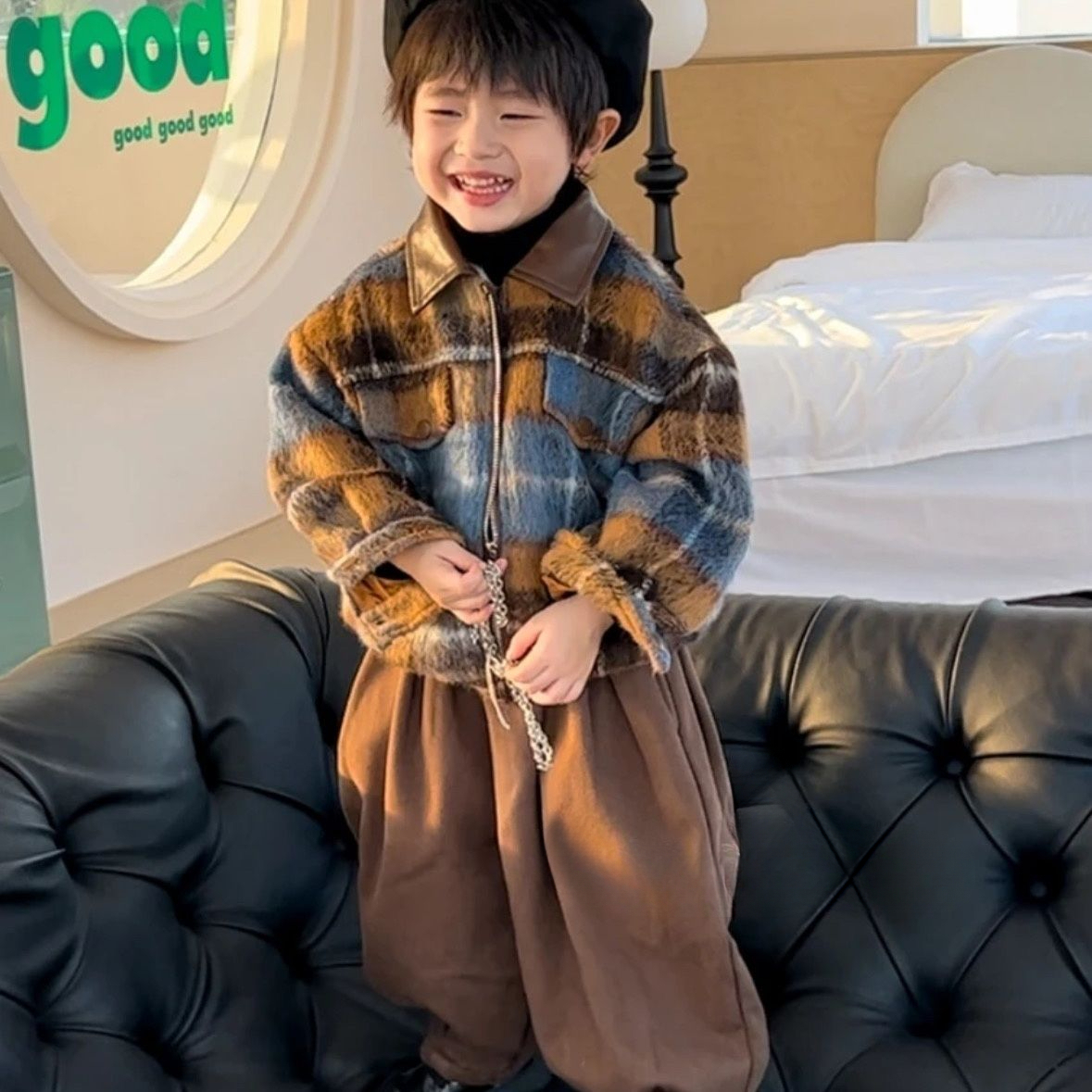 儿童冬季套装美式格子复古毛呢高街翻领韩版拼接外套加绒棉布长裤