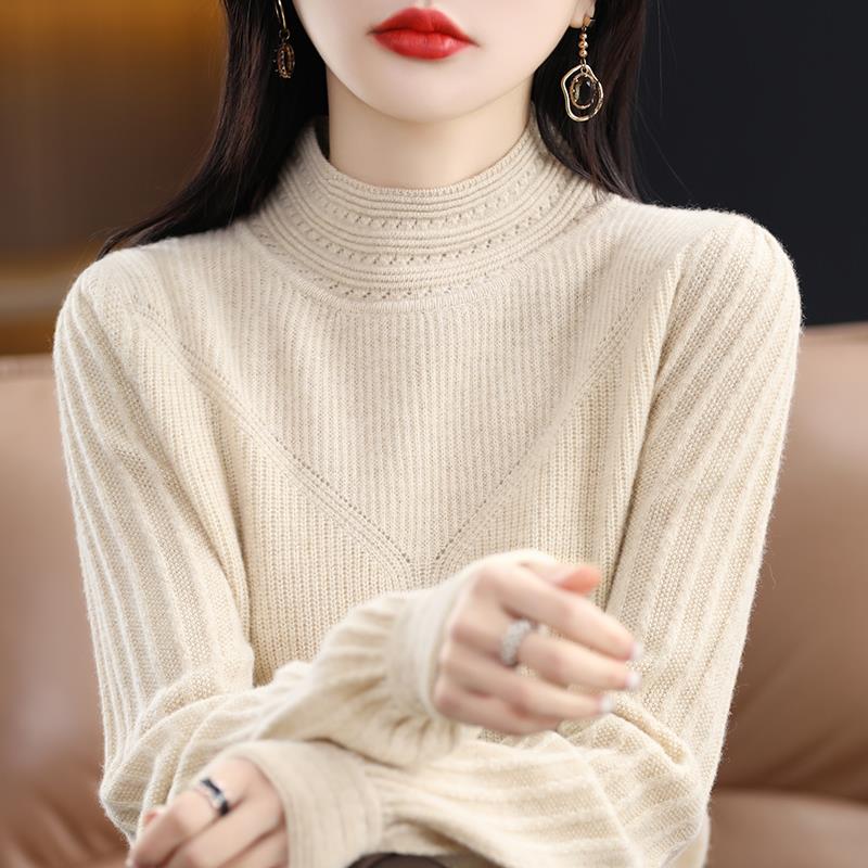 2023秋冬新款纯羊毛衫女士纯色韩版半高领套头毛衣羊绒针织打底衫