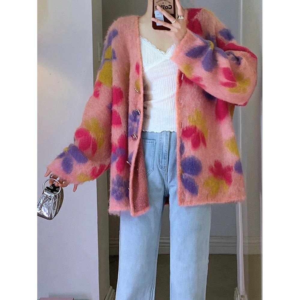 多巴胺彩点印花开衫毛衣女2023秋冬新款小众设计感休闲针织外套潮