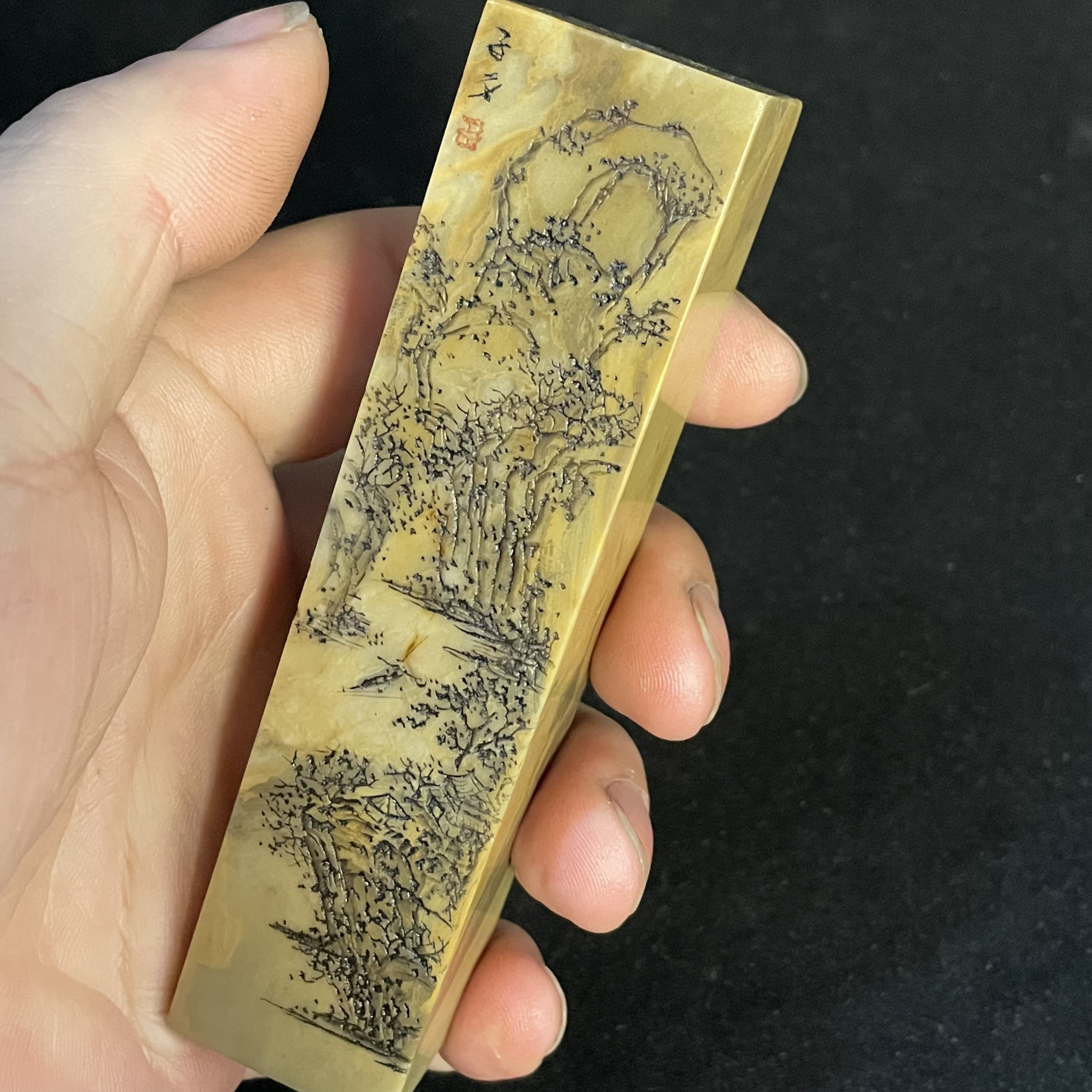 众磊文化子夕刻绘昌化石刻山水印石章料27*27*115毫米