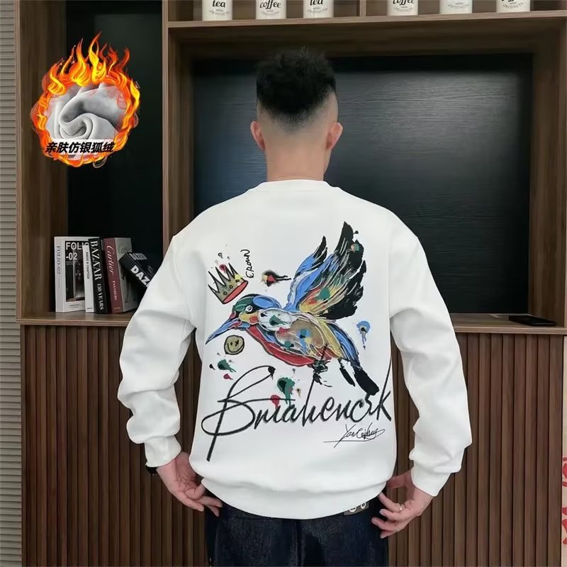 美式涂鸦加绒卫衣男秋冬季T恤冬款潮牌男装长袖上衣新款外套时尚