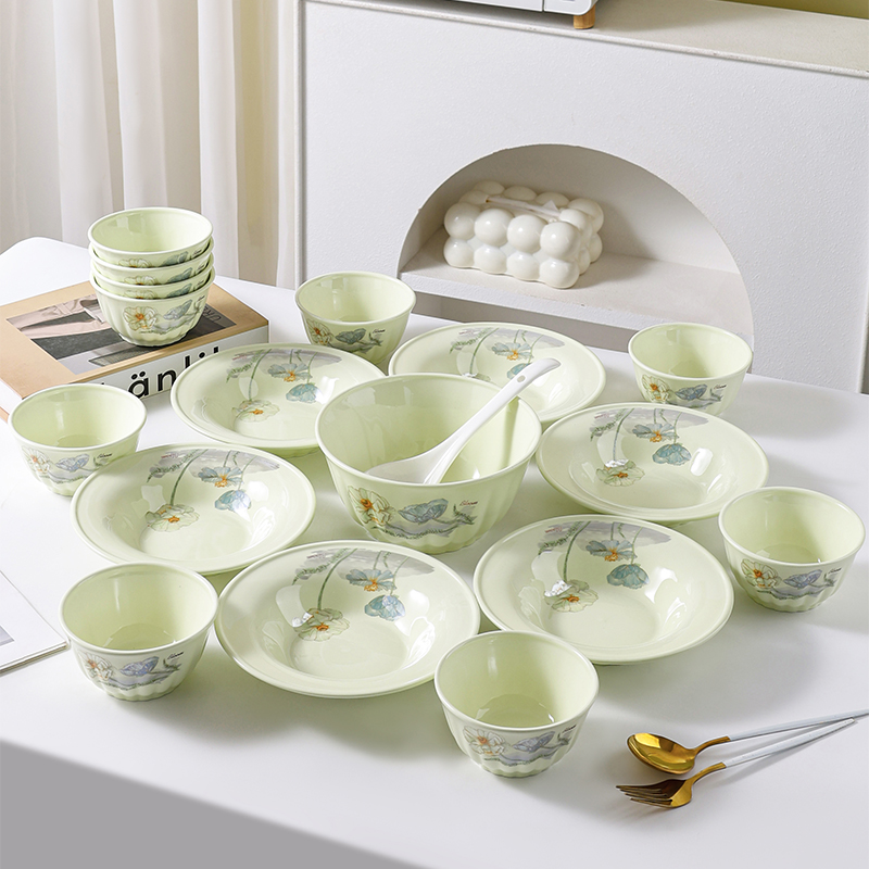 句途18件爱莲说雅枫绿碗盘套装米饭碗吃面碗菜盘子饭盘餐具