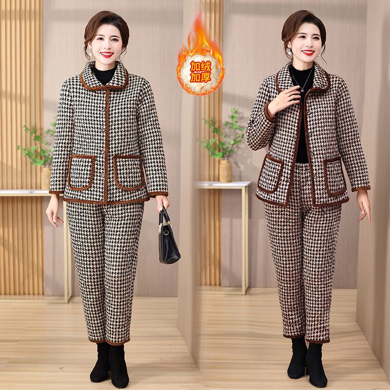 啄木鸟两件套装妈妈加绒加厚棉衣棉裤冬季中老年人棉袄千鸟格洋气