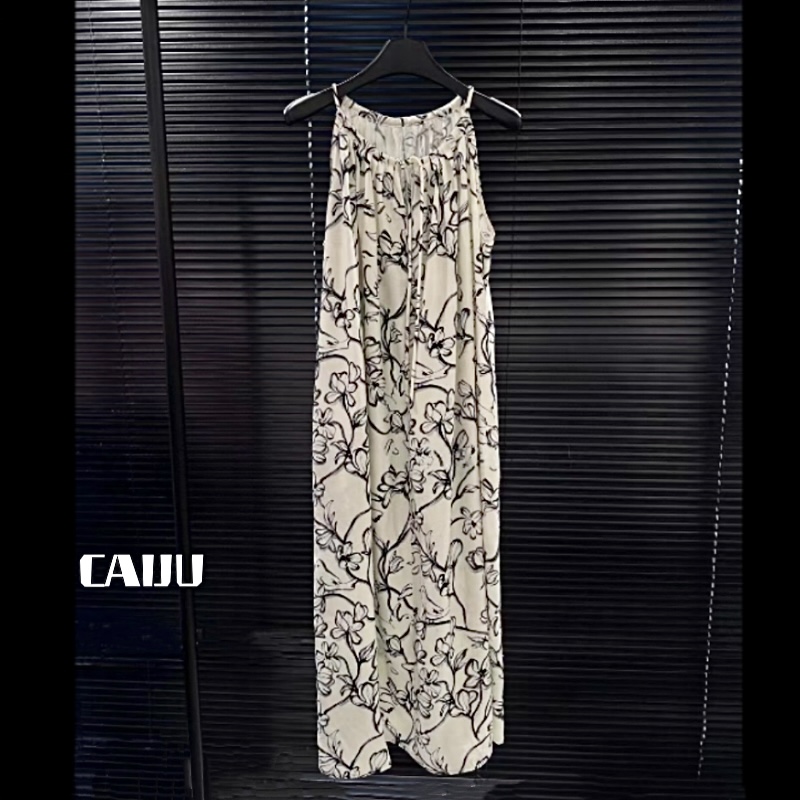 【CAIJU/2025】深圳南油松弛感亚麻水墨印花无袖坎肩挂脖连衣裙
