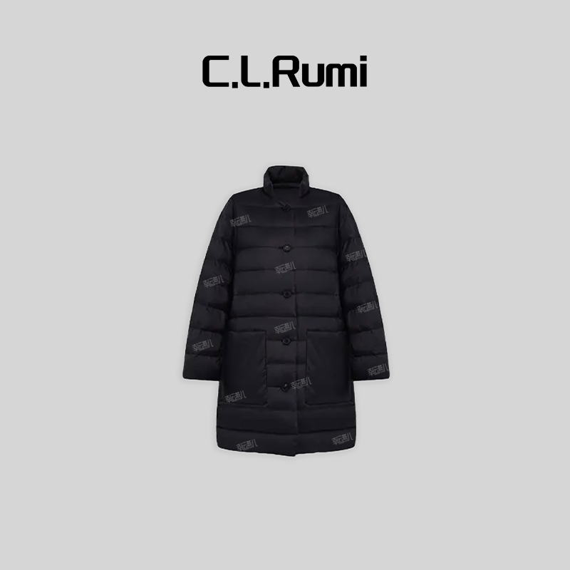 【Rumi精选】“黑秀场”保暖显瘦立领中长款鹅绒羽绒服外套6262wt