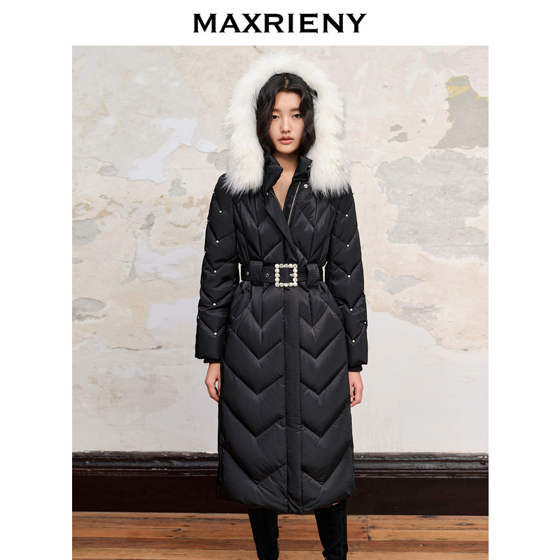 MAXRIENY【商场同款】星钻羽绒服冬款收腰过膝长款貉子毛条领外套