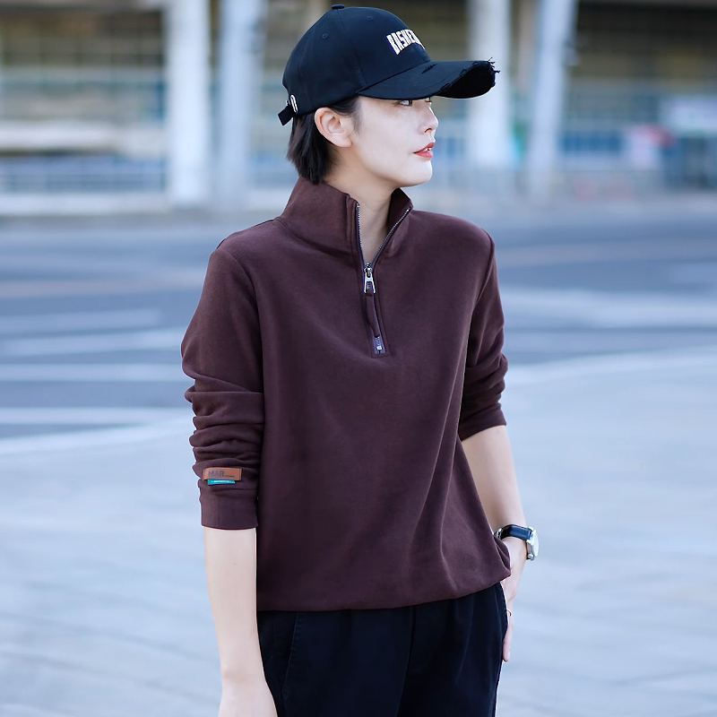 女士潮牌立领卫衣2025秋冬德绒打底衫时尚宽松休闲半拉链长袖t恤