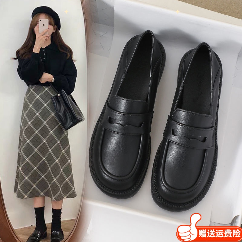 红蜻蜓牌软皮小皮鞋女2023冬季新款休闲百搭英伦风厚底防滑乐福鞋