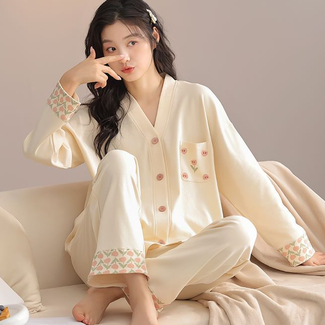 7A抗菌纯棉睡衣开衫V领长袖女士春秋款简约休闲秋冬家居服