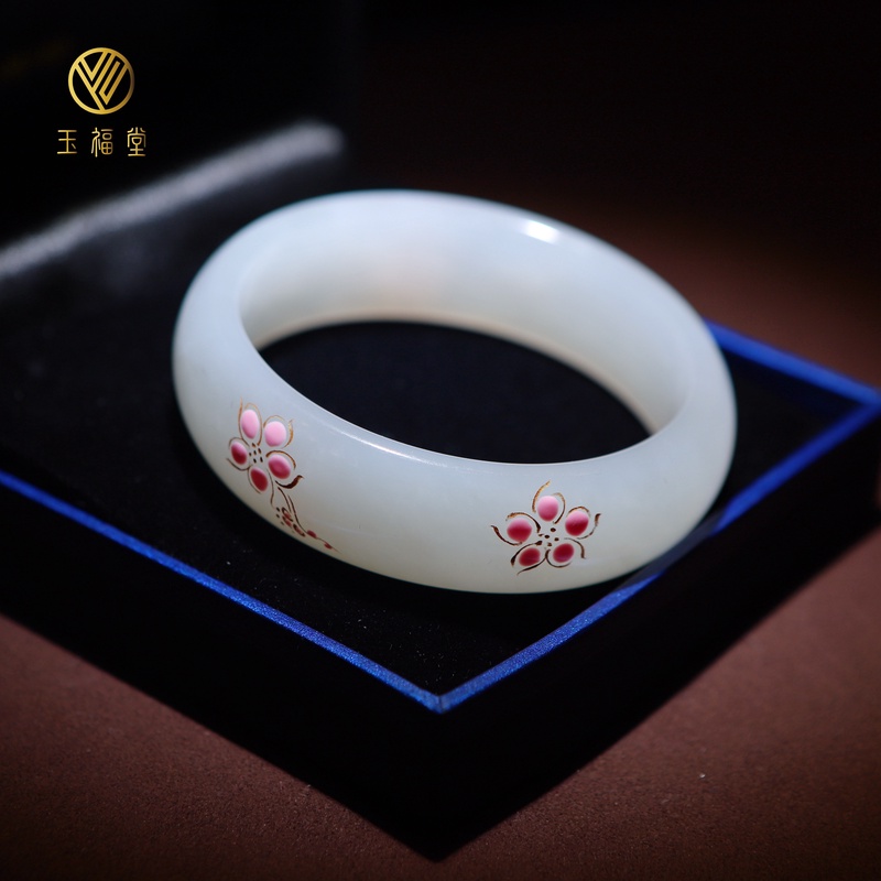 玉福堂 | 和田玉白玉玉镯-描金彩绘-桃花镯58mm