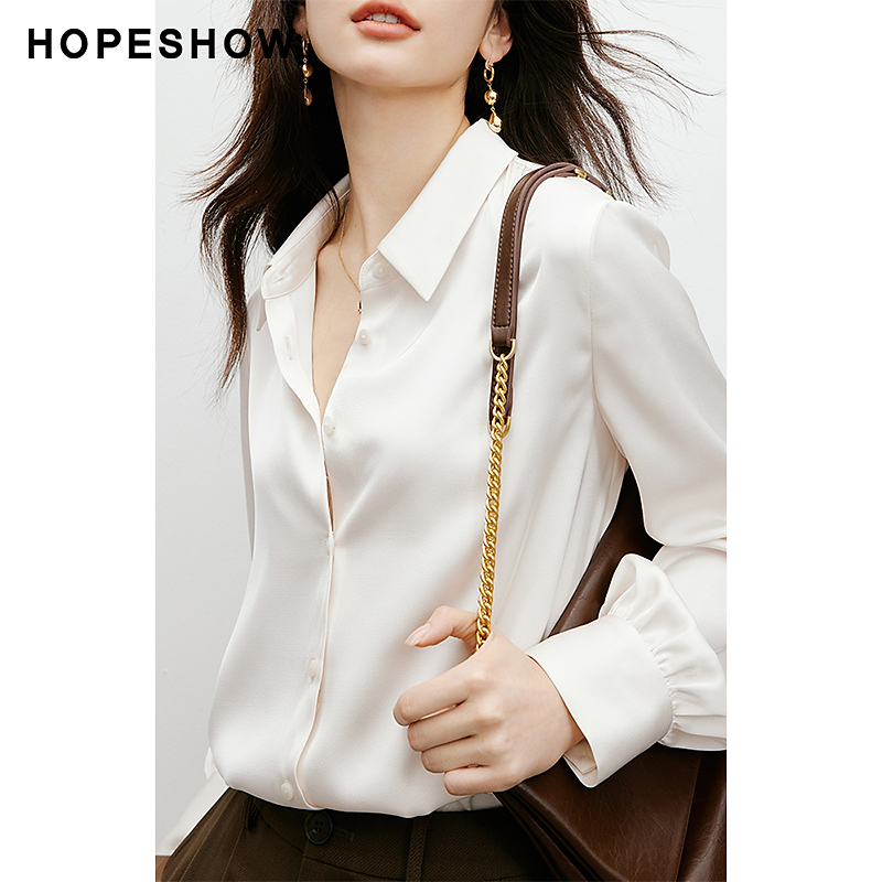 红袖2025新款女装 单排扣翻领一手长缎面衬衫90224250301