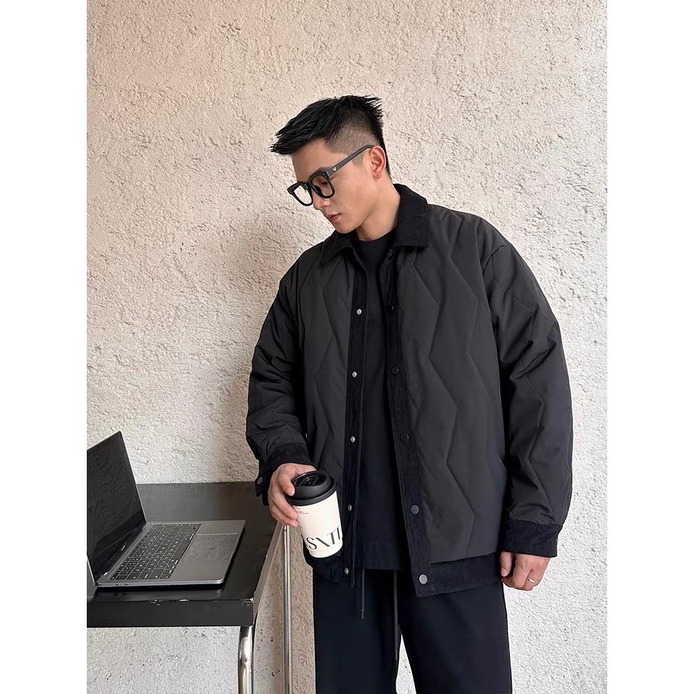 设计感翻领男衬衫式秋冬季保暖夹克外套棉服时尚百搭宽松加厚上衣