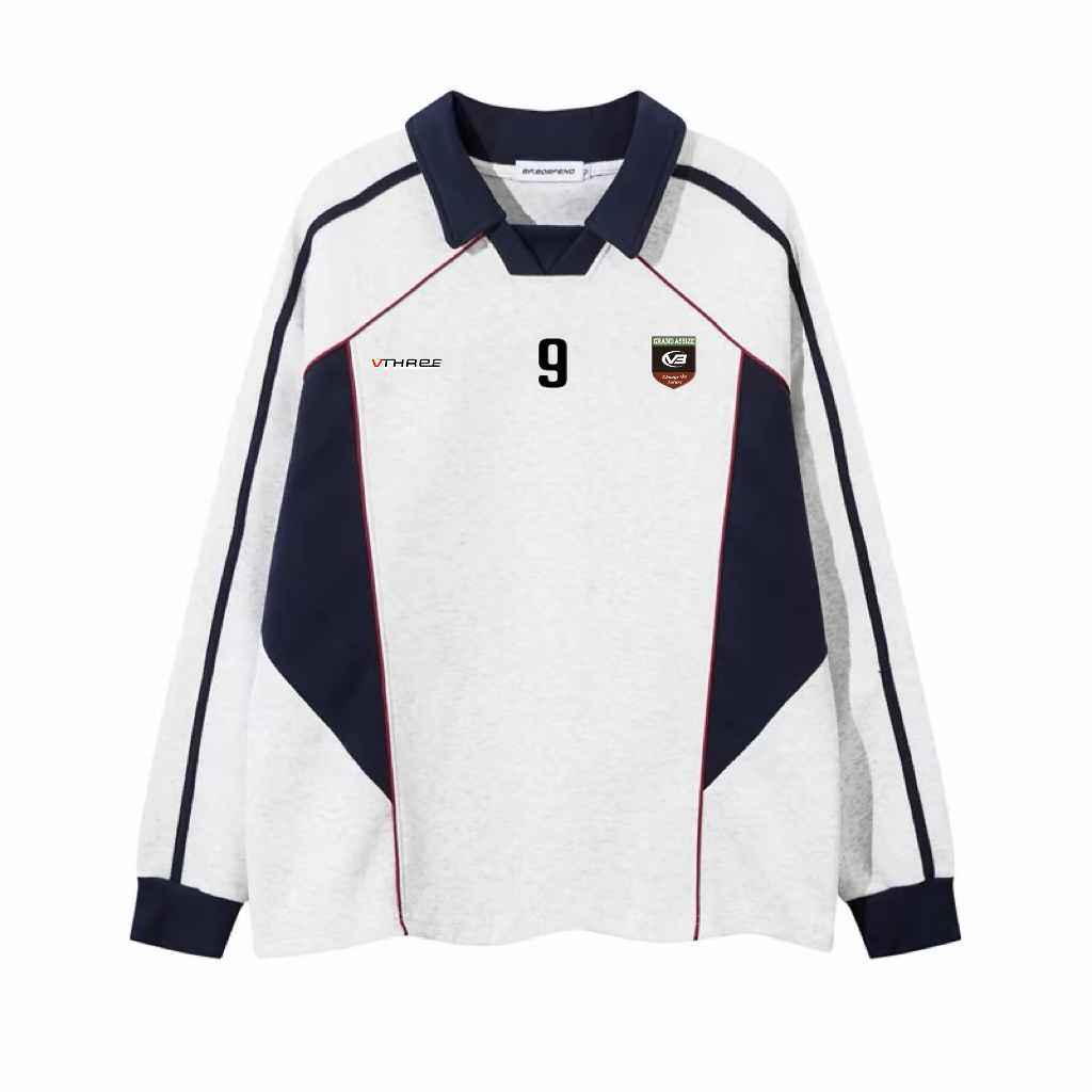 VThree美式复古撞色运动风翻领长袖T恤男女潮牌街头情侣POLP领