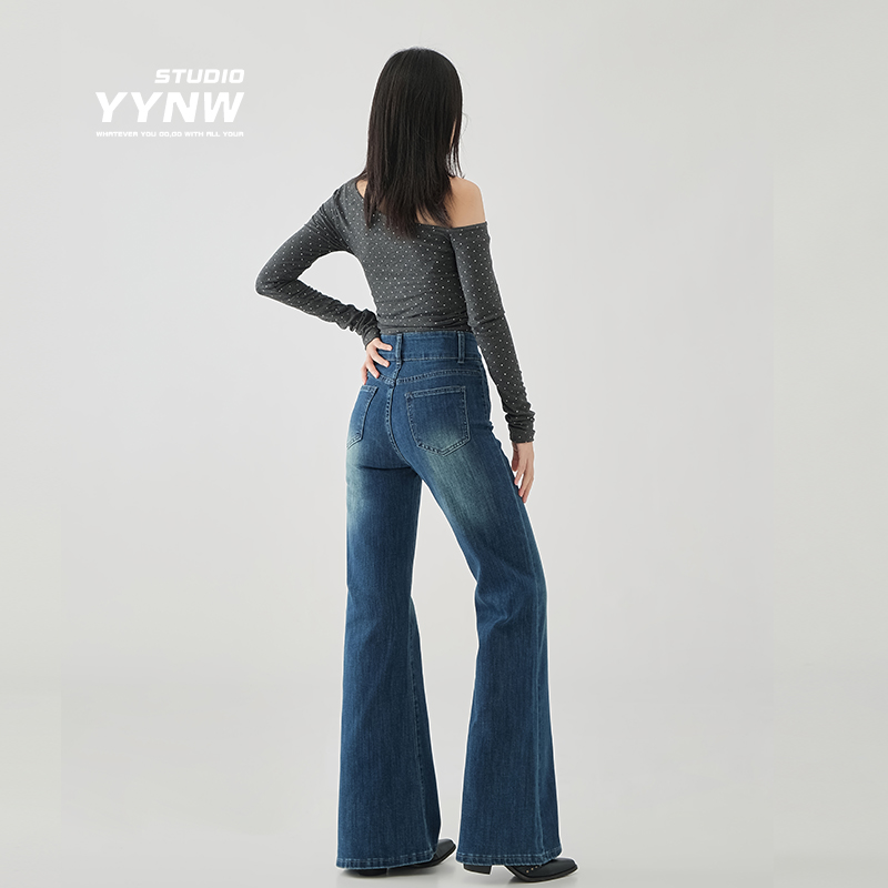 YYNW加绒加厚美式复古微喇牛仔裤女秋季新款高腰宽松显瘦喇叭裤子