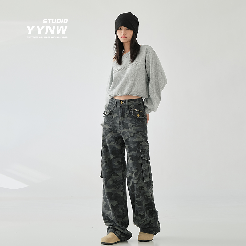 YYNW美式迷彩工装牛仔裤女秋季新款设计感小众宽松显瘦阔腿拖地裤