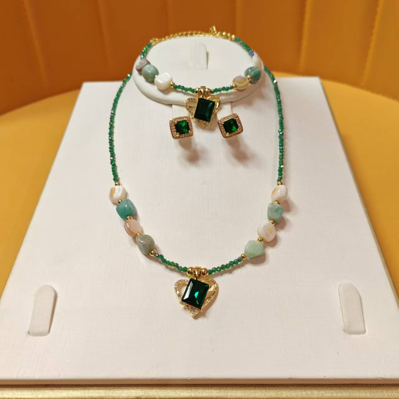 钛钢仿水晶项链 诗美恋手工气质时尚绿色复古彩色镶嵌素款