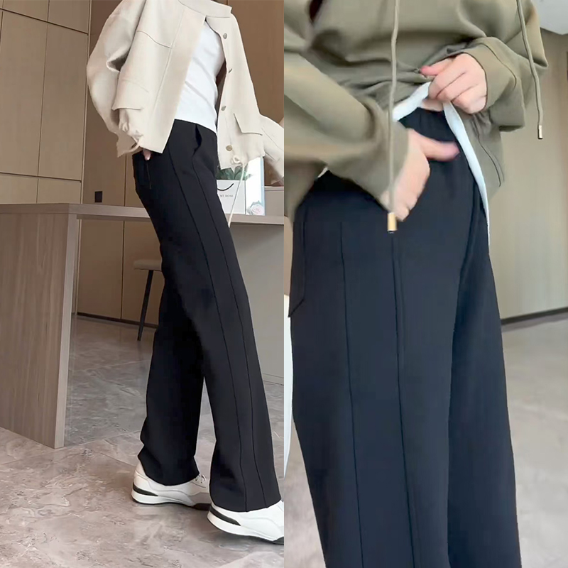 黑色窄版直筒裤女小个子弹力休闲高腰显瘦运动时尚垂感春秋长裤子