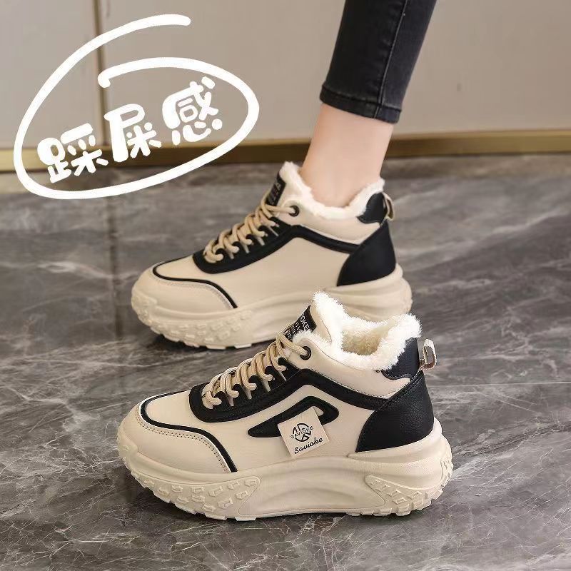 断码意尓康真皮高帮棉鞋女2023冬季新款学生百搭防滑加绒保暖运动