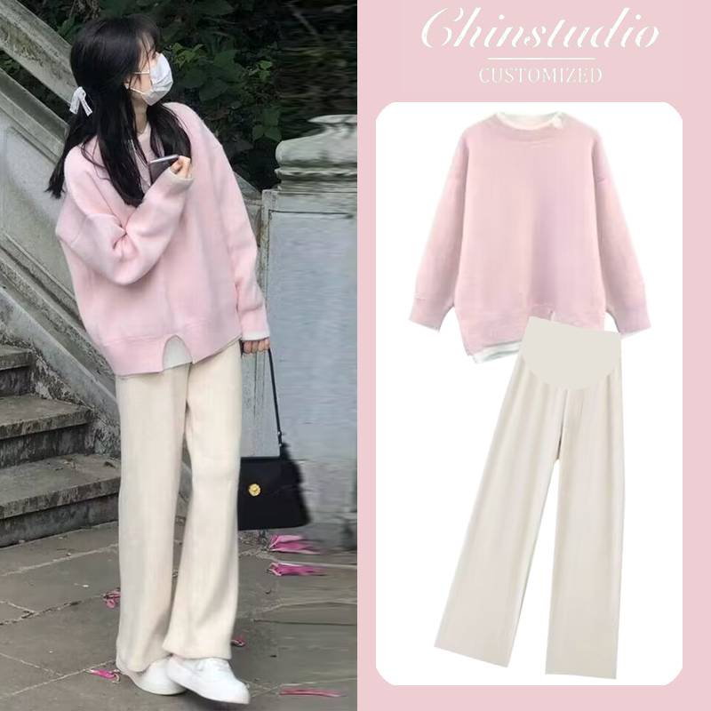 孕妇套装春秋季新款高级感法式小香风毛衣时尚小个子休闲裤两件套