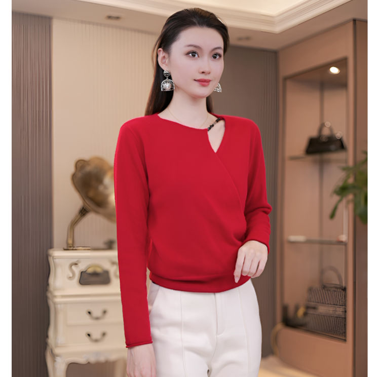 【霓裳羽衣】25秋冬款打底衫女新款斜襟针织上衣复古镂空设计感