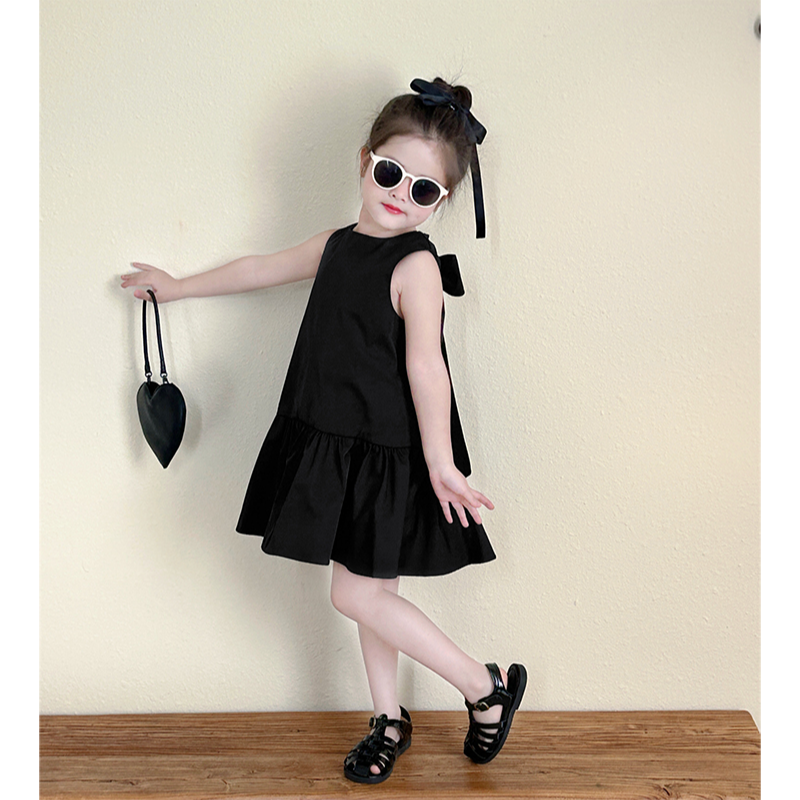 韩版童装女童黑色连衣裙2024夏季新款宝宝洋气蝴蝶结无袖背心裙子