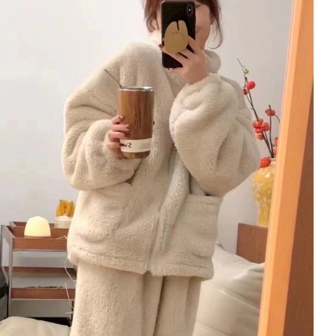 2025新款秋冬季长袖睡衣女珊瑚绒加厚休闲两件套装家居服可外穿