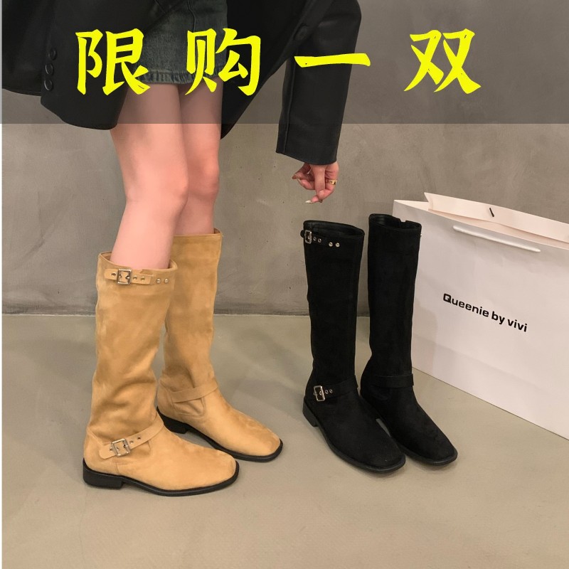 百丽纯爱洋气卡其色中筒女骑士靴靴子春秋2023年新款夏季复古绒