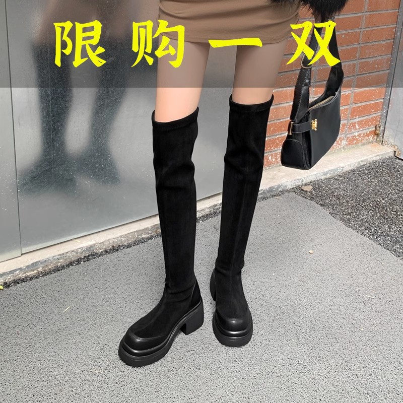 百丽纯爱过膝靴女2023秋冬新款厚底高筒靴小个子长靴不过膝弹力