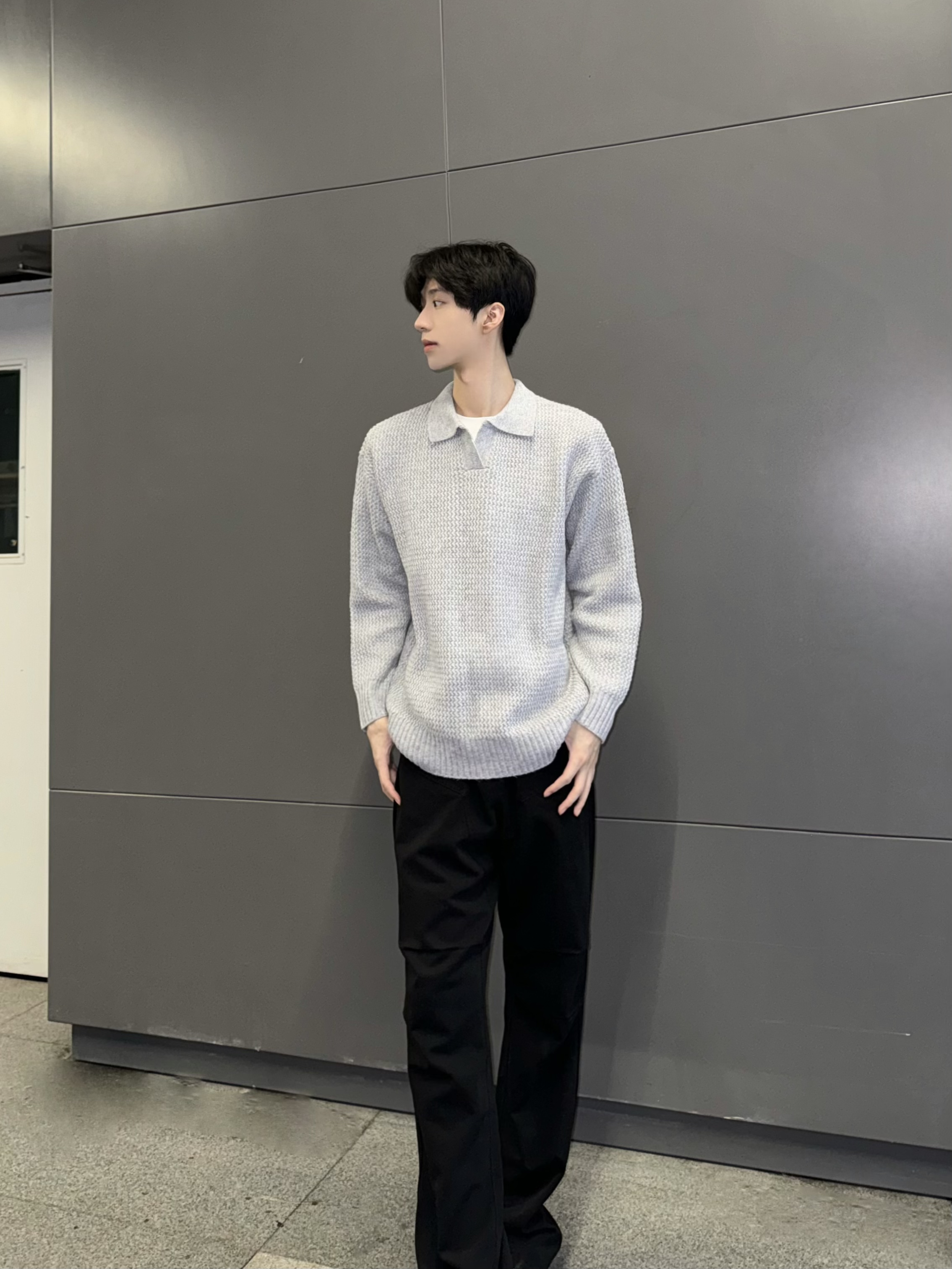 秋冬重磅简约慵懒翻领毛衣百搭时尚polo针织纹理长袖男女同款