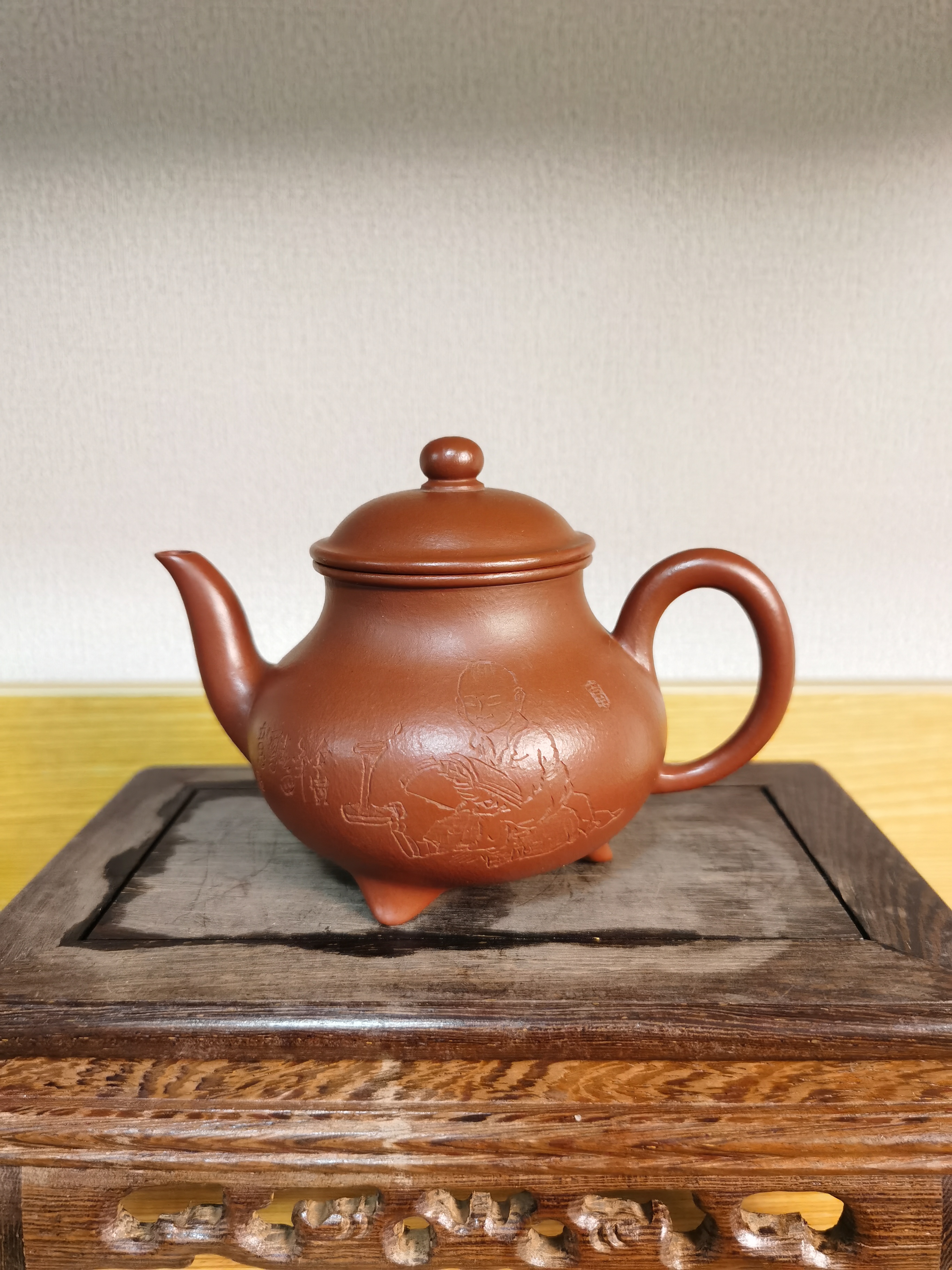 朱泥三足炉鼎壶全手工带刻绘160cc