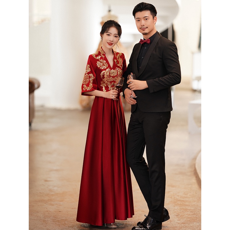 敬酒服新娘新款礼服大码胖mm结婚v领气质显瘦秀禾礼服订婚礼服女