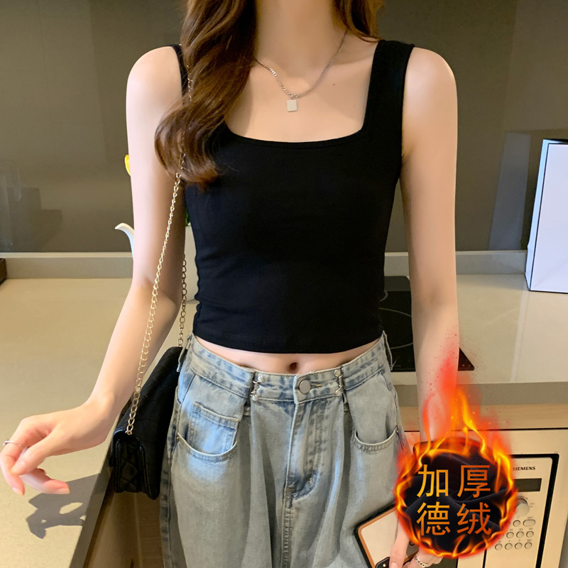 黑色吊带背心女内搭2024秋冬季外穿短款棉质法式方领美背打底上衣