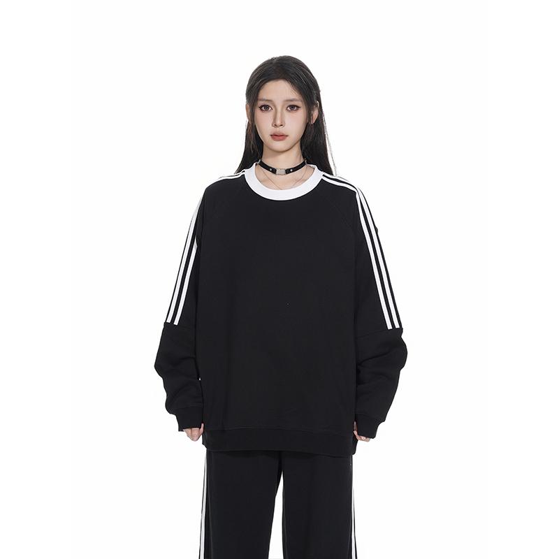 美式复古经典三条杠拼接情侣男女同款休闲百搭宽松型圆领套头卫衣