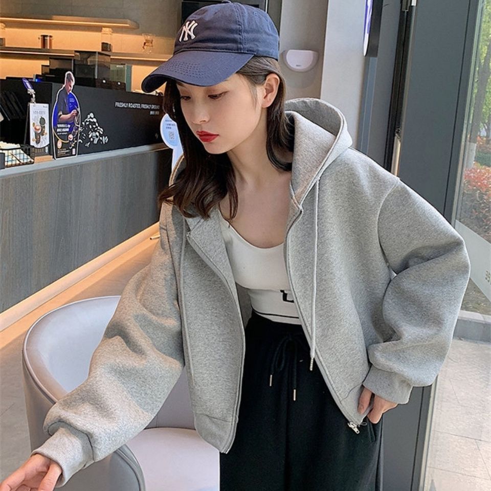2024灰色短款小个子卫衣女宽松2024秋冬新款连帽拉链开衫加厚2024