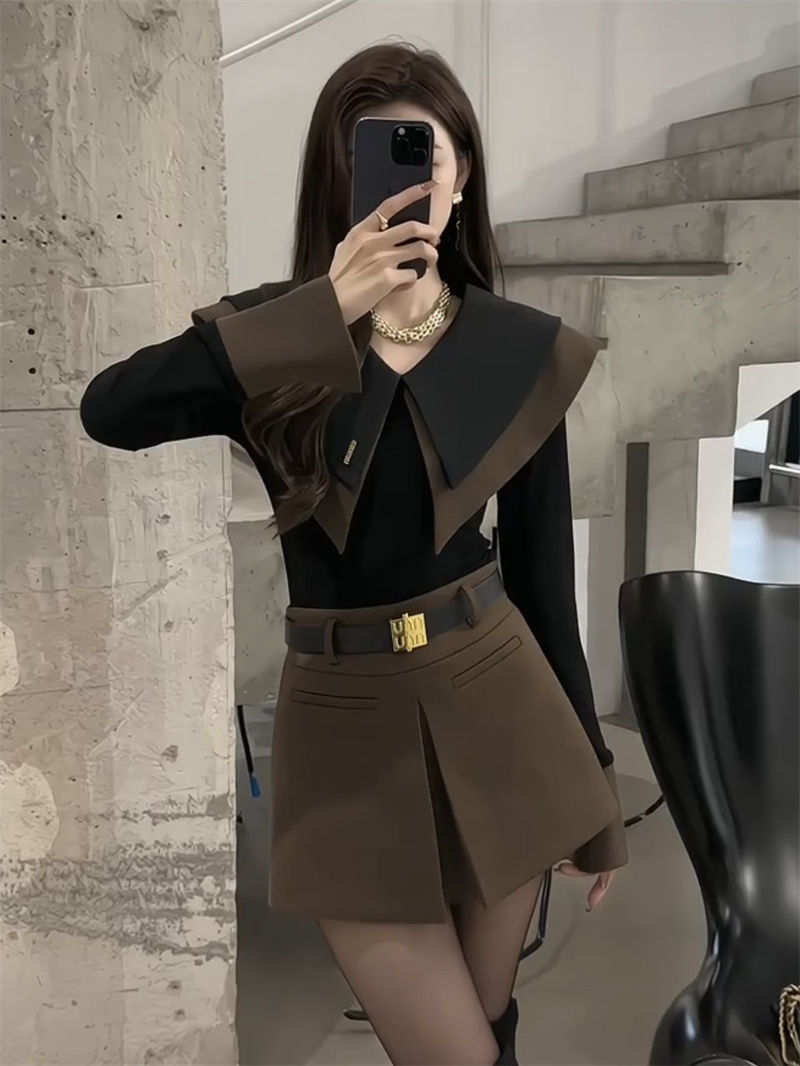 御姐风撞色拼接海军领长袖衬衫女2023秋冬季新款气质高级感小衫潮