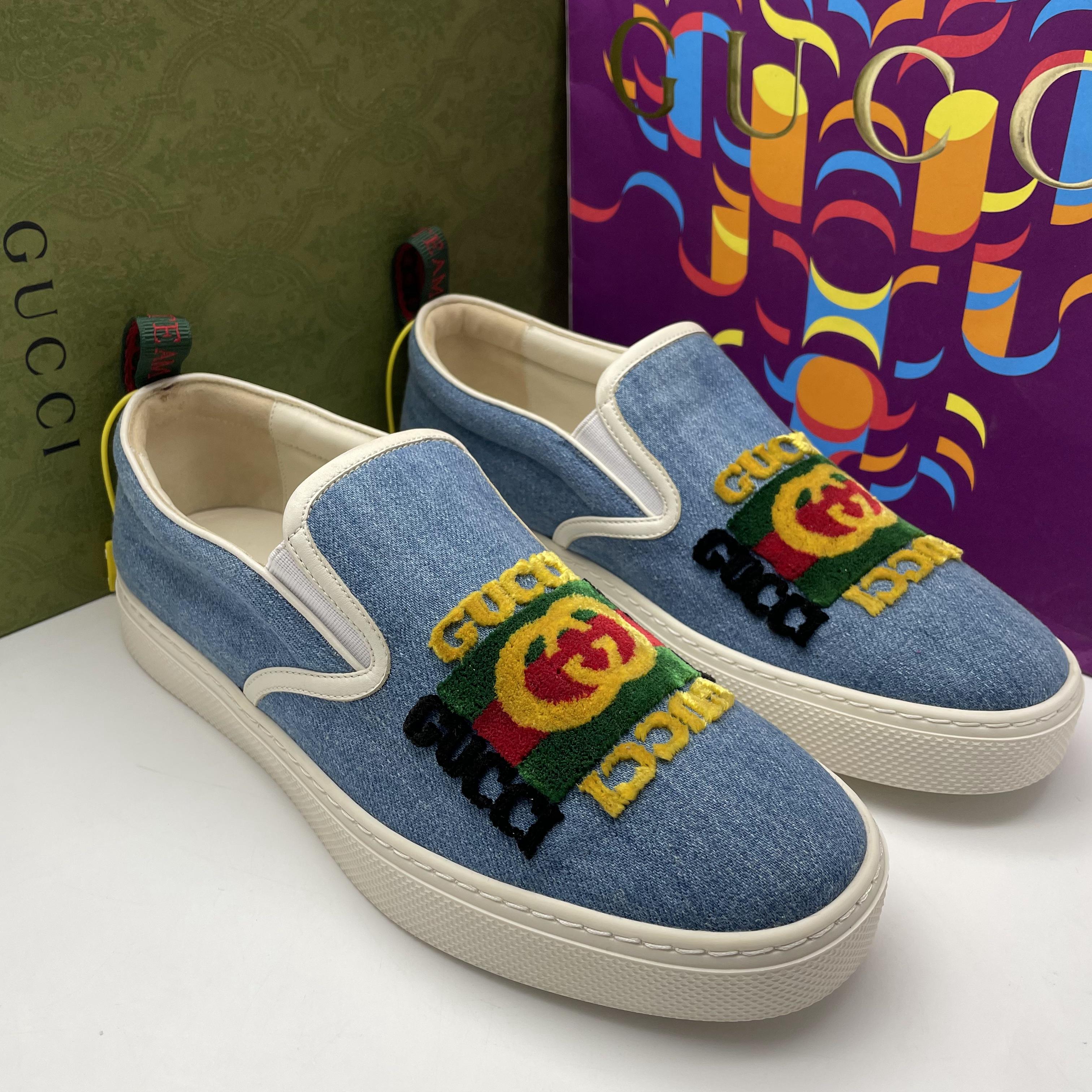 95新 GUCCI/古驰 41.5码/正码拍/二手 牛仔蓝毛巾刺绣驾车一脚蹬